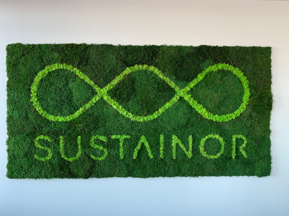 Et rektangulært vægpanel fra DECOPLANT har et grønt uendelighedssymbol og ordet SUSTAINOR, lavet af mos og grønt, vist mod en almindelig hvid baggrund.
