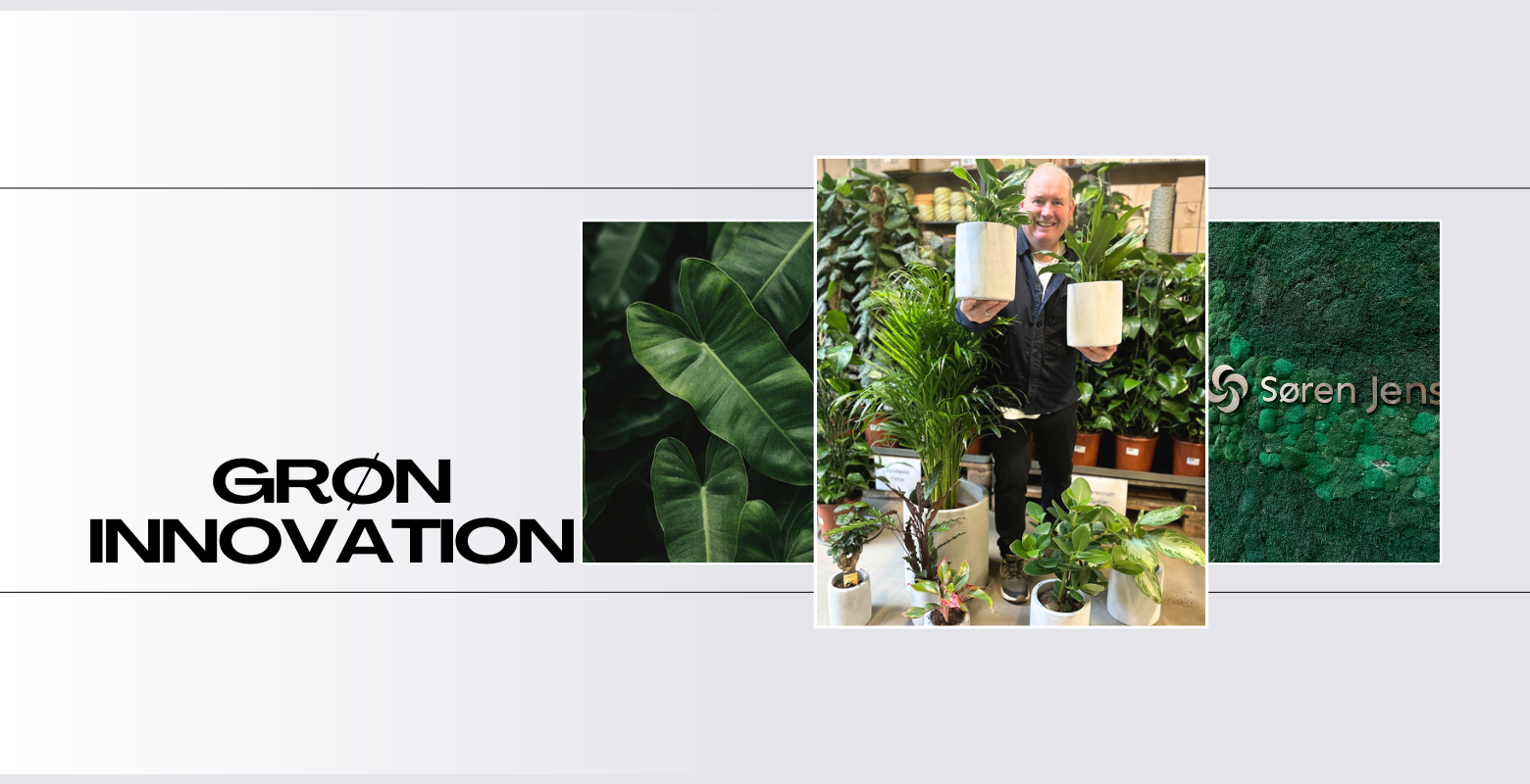 En mand smiler blandt grønne indendørs planter og holder to hvide potter. Bladplanter og en struktureret baggrund omgiver ham med teksten "DECOPLANT" og overskriften "GRØN INNOVATION.