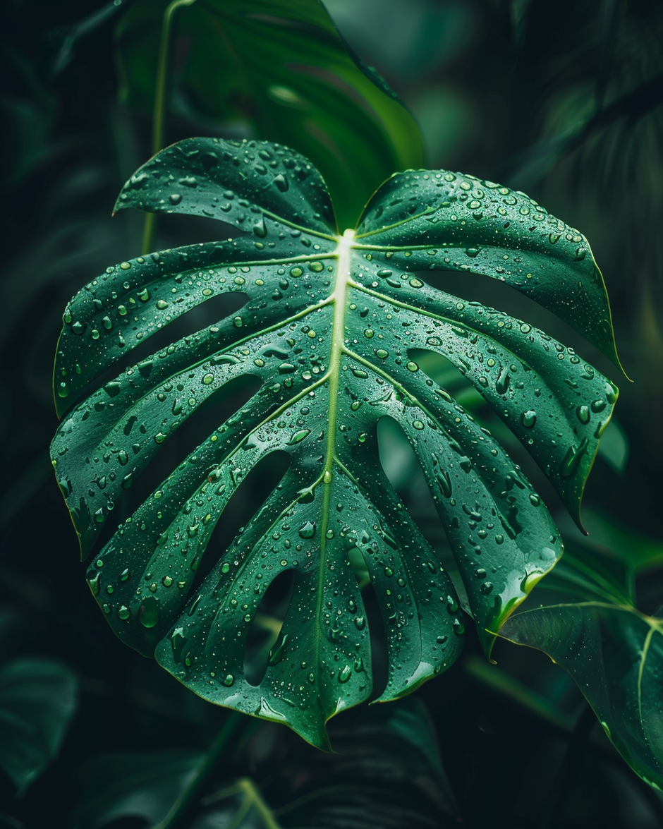 Et nærbillede af et mørkegrønt DECOPLANT monstera-blad dækket af vanddråber, sat mod en frodig, sløret baggrund med flere blade.