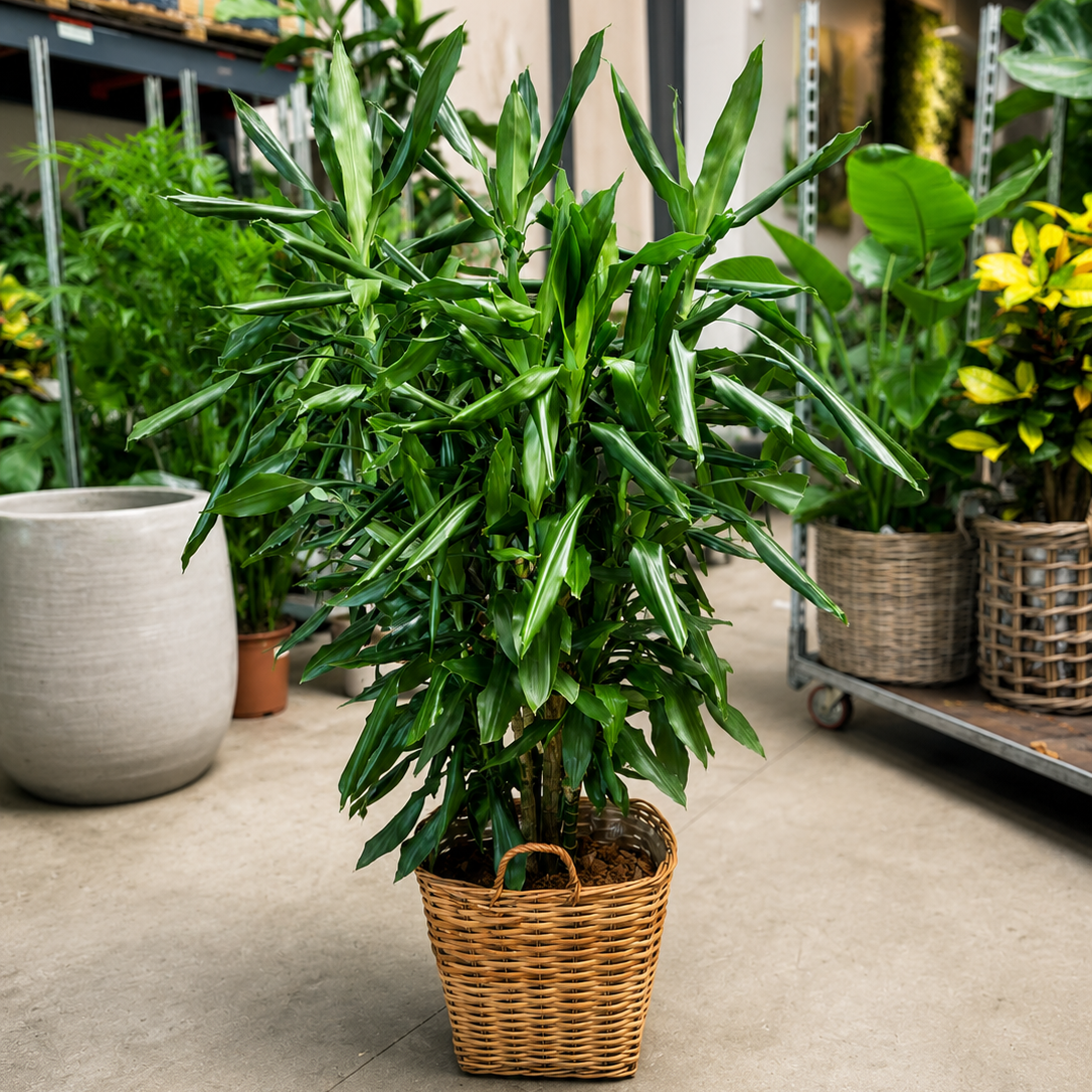Second Hand Dracaena fragrans – 150 cm i Dekorativ Fletkurv