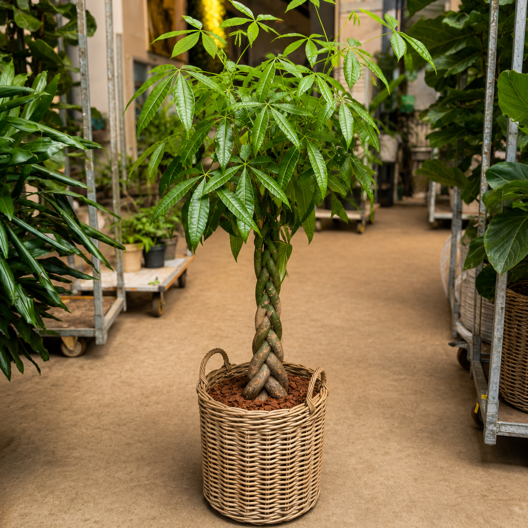 Second Hand Pachira aquatica – Pengeplante på 160 cm i Dekorativ Fletkurv