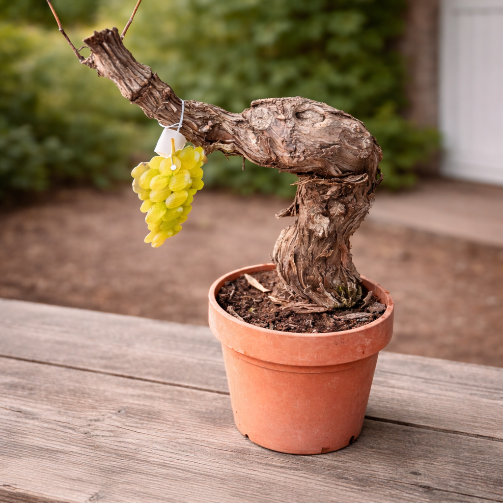Vindrueplante i Bonsai-stil – Rustik Vinplante med Snoet Stamme i Lerkrukke (Vitis vinifera, ca. 25–35 cm)