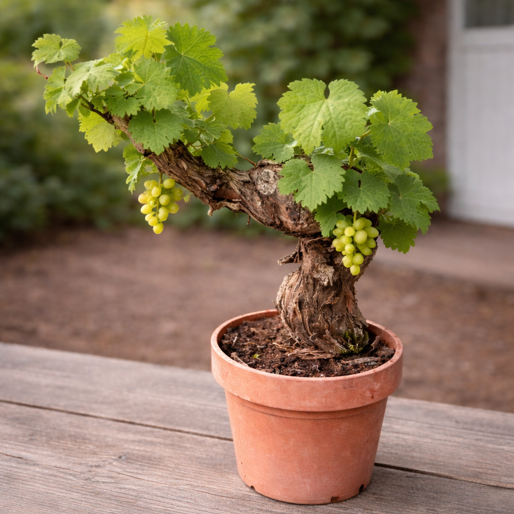 Vindrueplante i Bonsai-stil – Rustik Vinplante med Snoet Stamme i Lerkrukke (Vitis vinifera, ca. 25–35 cm)