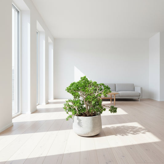 Pengetræ (Crassula ovata 'Gollum Jade') – 90 cm høj i lys grå krukke