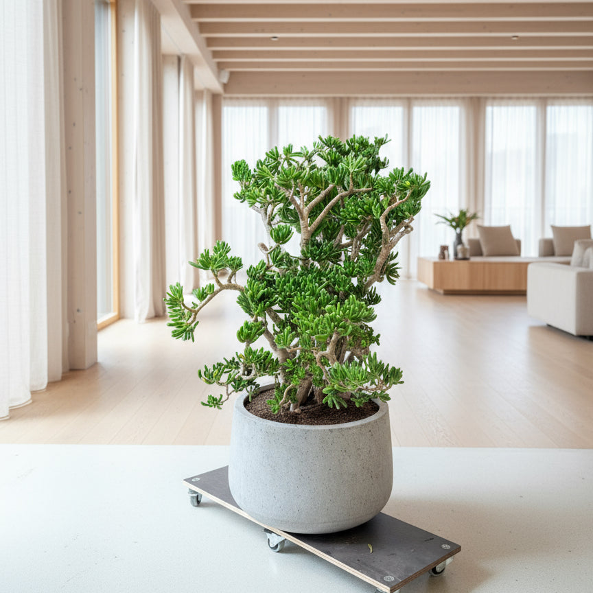 Pengetræ (Crassula ovata 'Gollum Jade') – 110 cm høj i lys grå krukke