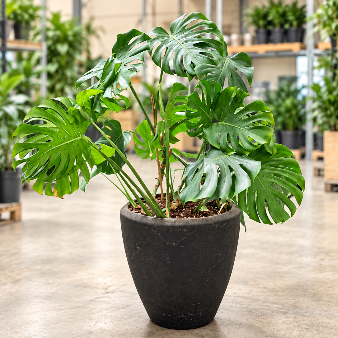 Second Hand Monstera Deliciosa ca. 130 cm – Komplet i sort krukke | Genbrugsplante