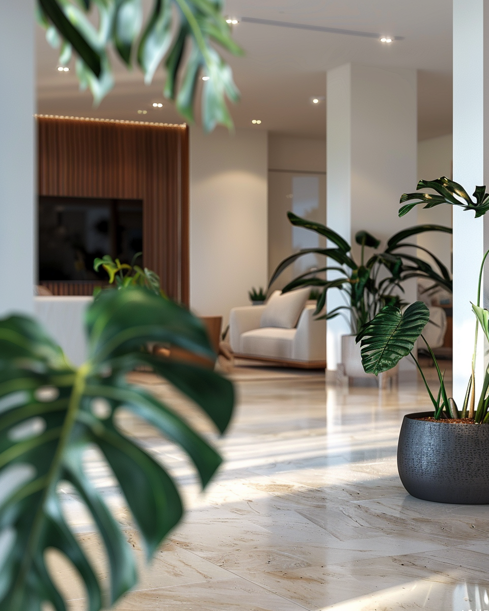 Et moderne opholdsrum med DECOPLANTs store grønne potteplanter, marmorgulve, hvide vægge og minimalistiske møbler, der skaber en luftig, elegant atmosfære med naturligt lys.