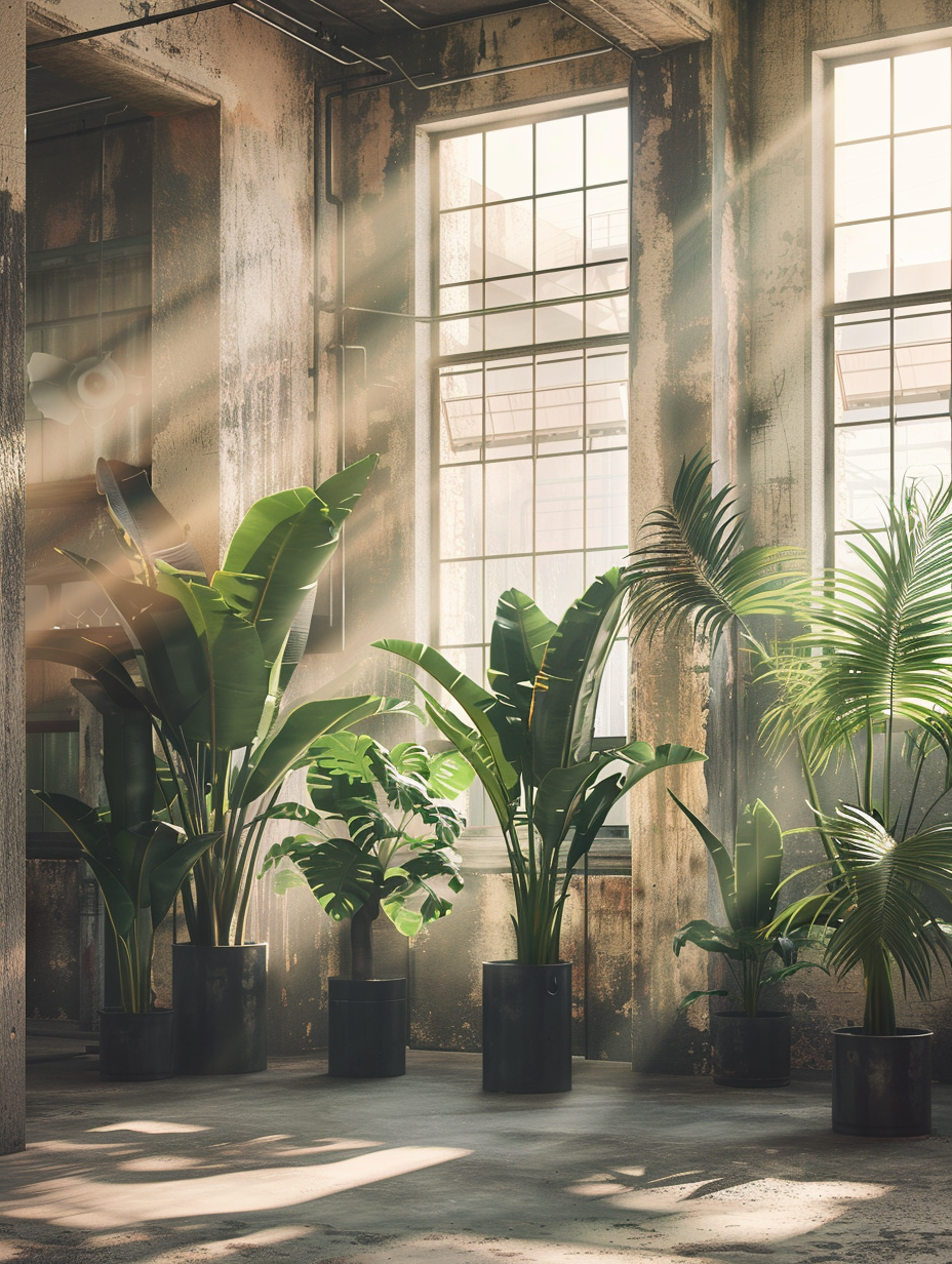 Sollyset strømmer gennem store vinduer og oplyser DECOPLANTs høje tropiske potteplanter arrangeret i et rustikt rum med teksturerede, forvitrede vægge.
