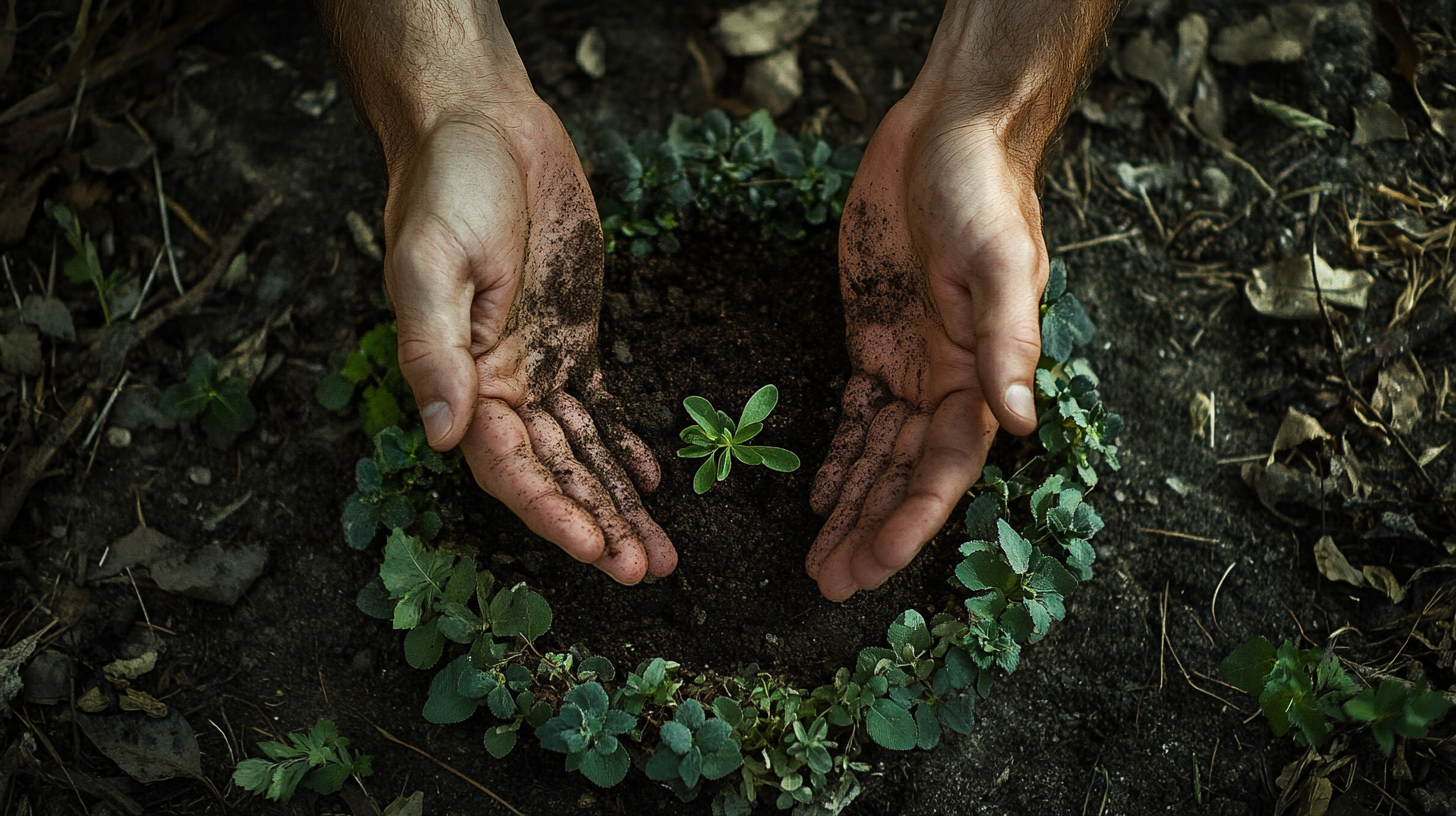 To hænder med jord vugger forsigtigt en lille grøn frøplante fra DECOPLANT, der vokser i midten af en snavsplet blandt bladrige planter - symboliserer omsorg for miljøet og nærende vækst.